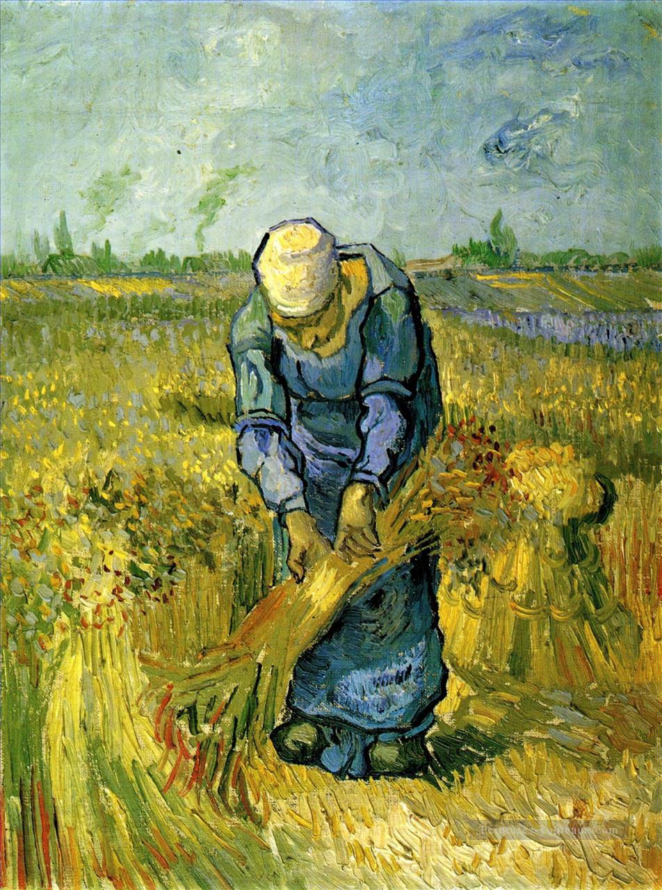 Femme de paysanne liant des gerbes après Millet Vincent van Gogh Peintures à l'huile